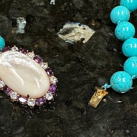 925 Sterling Silver Pearl Multi-Gemstone Blue Magnesite Beaded Necklace 18”L - Picture 4 of 5